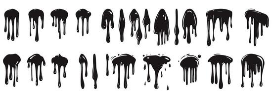 Silhouette dripping paint or black liquid melting, illustration set isolated on a white background. Dripping oil, cartoon style design elements collection. vector