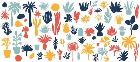 Abstract hand drawn shapes, boho elements, plants, and palm trees in the style of Matisse on a white background vector