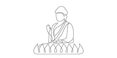 Buddha sitting on lotus flower one continuous line art. editable outline stroke. vector