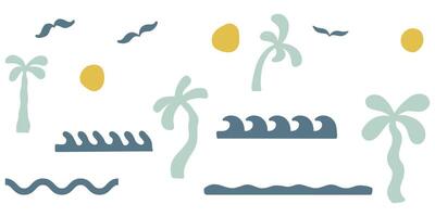 groovy elements beach. coconut tree palm, beach ocean, wave, sun, bird doodle set isolated. vector