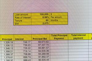 Shot of an dark mode excel sheet on computer screen showing bank loan amortization table. Banking photo