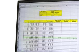 Shot of an excel sheet on computer screen showing bank loan amortization table. Finance photo