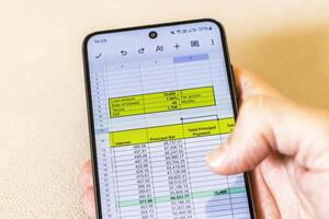 Man scrolling an excel sheet on the phone screen showing bank loan amortization table. Banking photo
