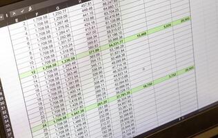 Shot of an dark mode excel sheet on computer screen showing bank loan amortization table. Banking photo
