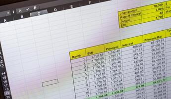 Shot of an dark mode excel sheet on computer screen showing bank loan amortization table. Banking photo