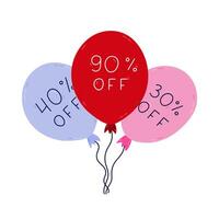 Cartoon hand drawn sale bunch of balloons with price off offer. Party balloons with big discount for business, internet and offline store. Minus 30, 40, 90 percent clipart isolated on background. vector