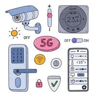 Colorful doodle set with security smart devices for home safety, surveillance, controlling via telephone. Hand drawn security camera, intelligence door lock, remote thermostat to protect property. vector