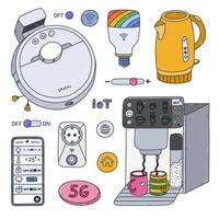 Colorful outline set with smart devices for remote housework, coffee making, control light via smartphone. Hand drawn intelligence machine connected to network. Internet of things isolated collection. vector