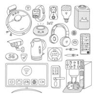 Big doodle set of smart devices for entertainment, cook, secure, clean home. Hand drawn intelligence machine with remote control via phone. Collection of Internet of things isolated on background. vector