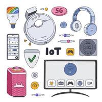 Colorful doodle set of smart devices for entertainment, cleaning house, regulate temperature, light, secure home. Hand drawn intelligence machine with remote control via telephone. Internet of things vector