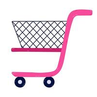 Cool cartoon supermarket shopping cart on wheels in side view. Shop trolley cart with empty basket to carry products, purchases from grocery, market, store. Sale, commerce concept isolated on white. vector