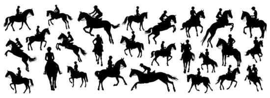 set of equestrian silhouette black and white in many profile side front view. vector