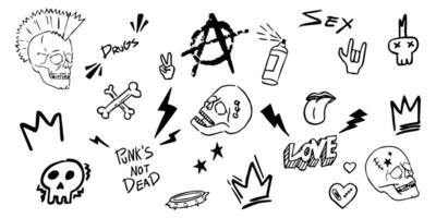 Punk elements collection. marginal doodle illustrations, signs, objects, symbols. Cartoon rock star icon for music band, concert, party. Isolated on white background. vector