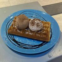 Indulging in the perfect summer treat, waffle ice cream photo