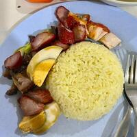 Digging into a delicious bowl of mixed pork rice photo