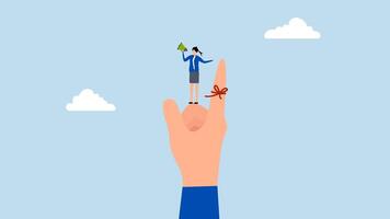 dedo cuerda recordatorio, 4k animación de mujer de negocios ayudó por atadura un rojo cuerda alrededor el del jefe dedo y utilizando un megáfono a recordar a él. video