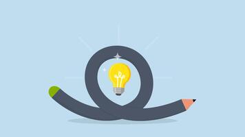 Creative idea, 4k animation of twisting pencil with illuminating lightbulb concept. video