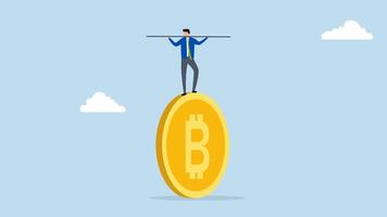 Bitcoin and crypto investment risk, 4k animation of Businessman investor performing like a tightrope walker on a massive bitcoin. video