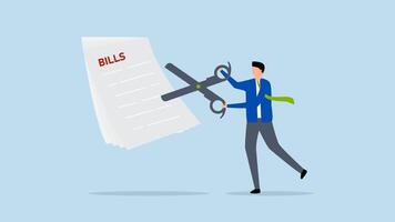 Cut bills to reduce cost and expense, 4k animation of Businessman employing large scissors to trim stack of bills and costs. video