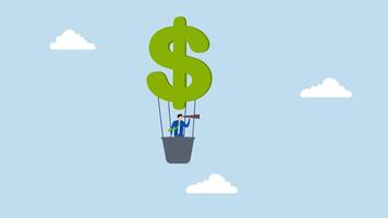 Economic prediction, 4k animation of investor businessman floats on a balloon adorned with dollar signs while peering through a telescope. video