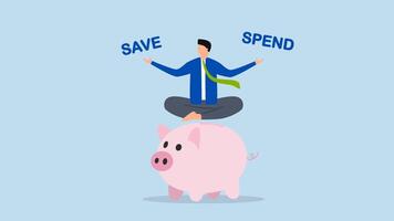 Money decision, 4k animation of Uncertain lady sitting on piggy bank, contemplating decision between saving or spending. video