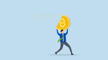 Bitcoin price falling down make trader losing money, 4k animation of Disappointed investor trader fleeing with his disappearing, crumbling into dust Bitcoin. video