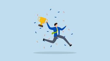 Celebrate work achievement, 4k animation of Ecstatic businessman leaps for joy while clutching trophy after winning. video