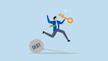freedom for pay off debts, 4k animation of Content businessman holding a golden key in happiness after unlocking a chain burdened by debt. video