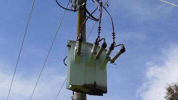 Australia power lines pole with High Voltage Generator, a network of wires and insulators used to connect and transport high voltage electricity from generators , zoom in camera view. video