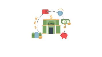 This is a bank building surrounded by icons for money, wallet, savings, and currencies. with no background in a 4K , animated screen background video