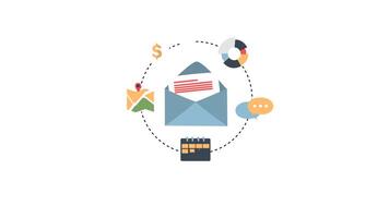 4k of envelope, map, calendar, and icons representing communication, finance, and planning, video