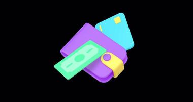 Wallet with card cash money dollar 3d icon animation loop alpha channel video