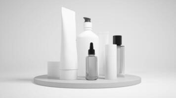blanc cosmétique bouteilles sur une rond Plate-forme boucle animation video