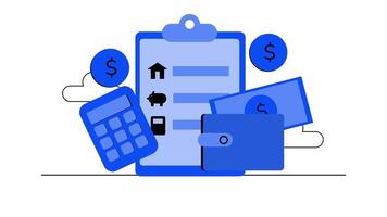 2D animation concept of financial planning, demonstrating budget calculations for personal finance video