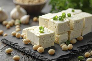 Tofu with green onion and soybeans on slate plate, closeup photo