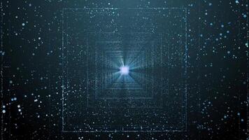 3D Infinite digital light blue square tunnel of glowing dots particle with futuristic matrix. cyber technology motion background. video