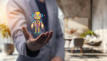 A person in a suit holding a robot in their hand photo