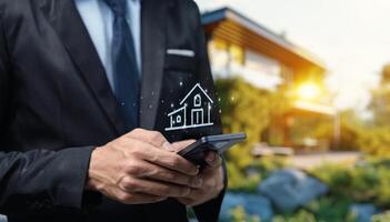 Man in suit holding smartphone with house icon on background photo