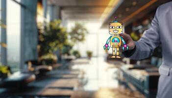 A man in a suit holding a paper with a robot on it photo