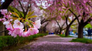 Horizontal banner with sakura flowers of pink color and Ideogram AI photo