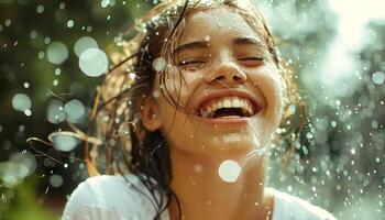 Young girl smiling joyfully as water droplets splash around her. Enjoying a refreshing moment, perhaps in the rain or under a spray of water, with sunlight filtering. photo