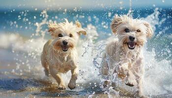 Happy dog running with a lot of splashing on a sandy summer beach. photo