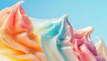 close-up of colorful, swirling soft-serve ice cream with a smooth and glossy texture. The pastel shades of pink, blue, yellow, and orange blend together beautifully, creating a vibrant and playful photo