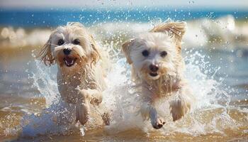 Happy dog running with a lot of splashing on a sandy summer beach. photo