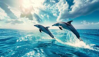 Two dolphins leaping out of the ocean, set against a beautiful blue sky with fluffy clouds and sunlight streaming through. photo