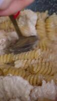Chef is cooking spaghetti carbonara in the kitchen. Step by step process of making pasta Carbonara with chicken video
