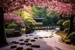 Neutral Zen Garden with Cherry Blossoms and Stone Path in Serene Setting photo