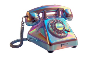 3D chrome element in Y2K style, isolated background, liquid holographic metal. Silver phone with a rainbow colored dial, shiny surface. png