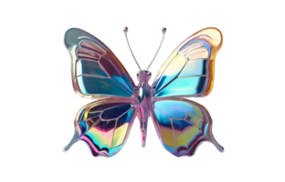 3D chrome element in Y2K style, isolated background, liquid holographic metal. A butterfly with rainbow colors made of glass, shiny reflective surface. png