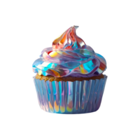 3D chrome holographic element in Y2K style, isolated background, liquid metal. Cupcake with rainbow frosting and sprinkles on top. png